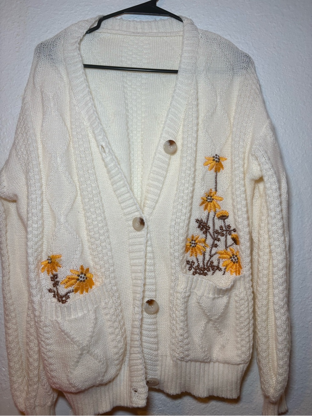 Cream Floral Embroidered Button-Front Women’s Sweater Cardigan